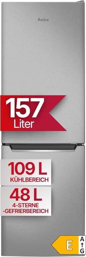 Amica AKG 3840 Koelvriescombinatie, vrijstaand, 144 cm, 157 l netto inhoud met superkoelfunctie en supervriesfunctie, roestvrijstalen look