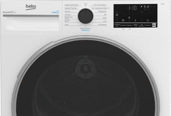 Beko B3T42249S, Vrijstaand, Voorlader, Warmtepomp, Wit, Draaiknop, Touch, Links – Duits Display