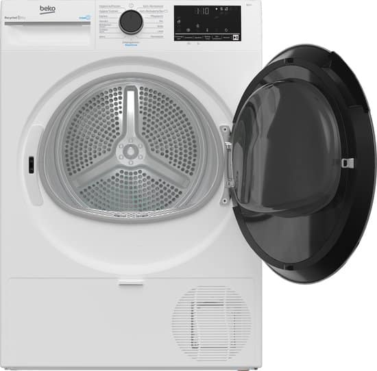 Beko B3T42249S, Vrijstaand, Voorlader, Warmtepomp, Wit, Draaiknop, Touch, Links – Duits Display