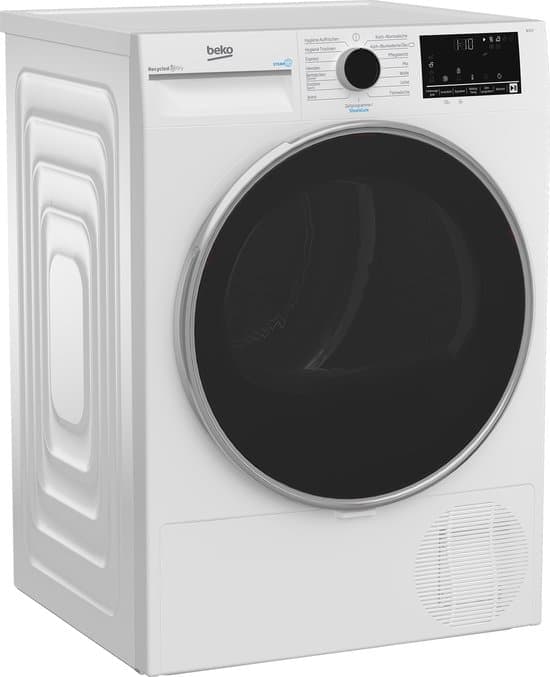Beko B3T42249S, Vrijstaand, Voorlader, Warmtepomp, Wit, Draaiknop, Touch, Links – Duits Display