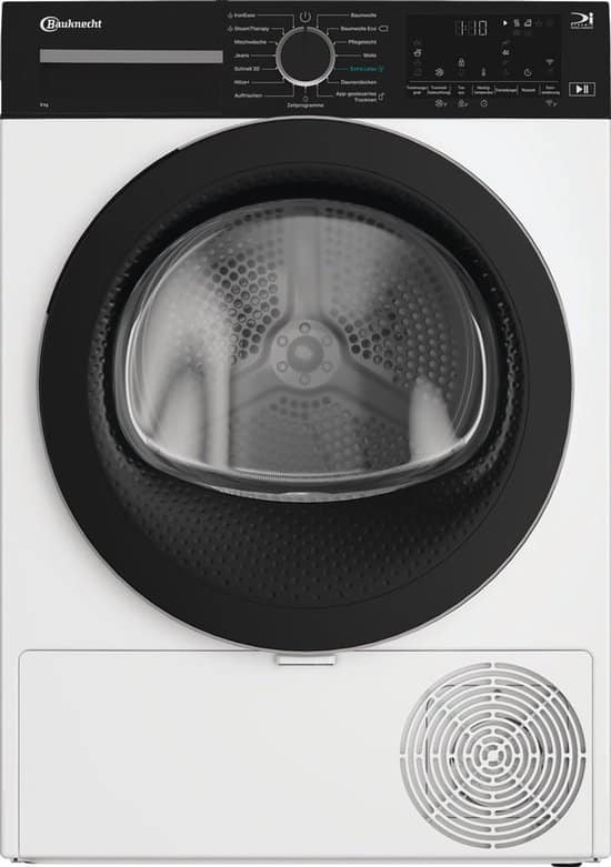 Bauknecht BT 95C WBS, Vrijstaand, Voorlader, Warmtepomp, Wit, Draaiknop, Touch, Rechts – Duits Display