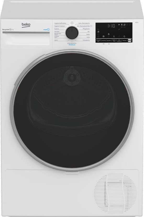 Beko B3T42249S, Vrijstaand, Voorlader, Warmtepomp, Wit, Draaiknop, Touch, Links – Duits Display