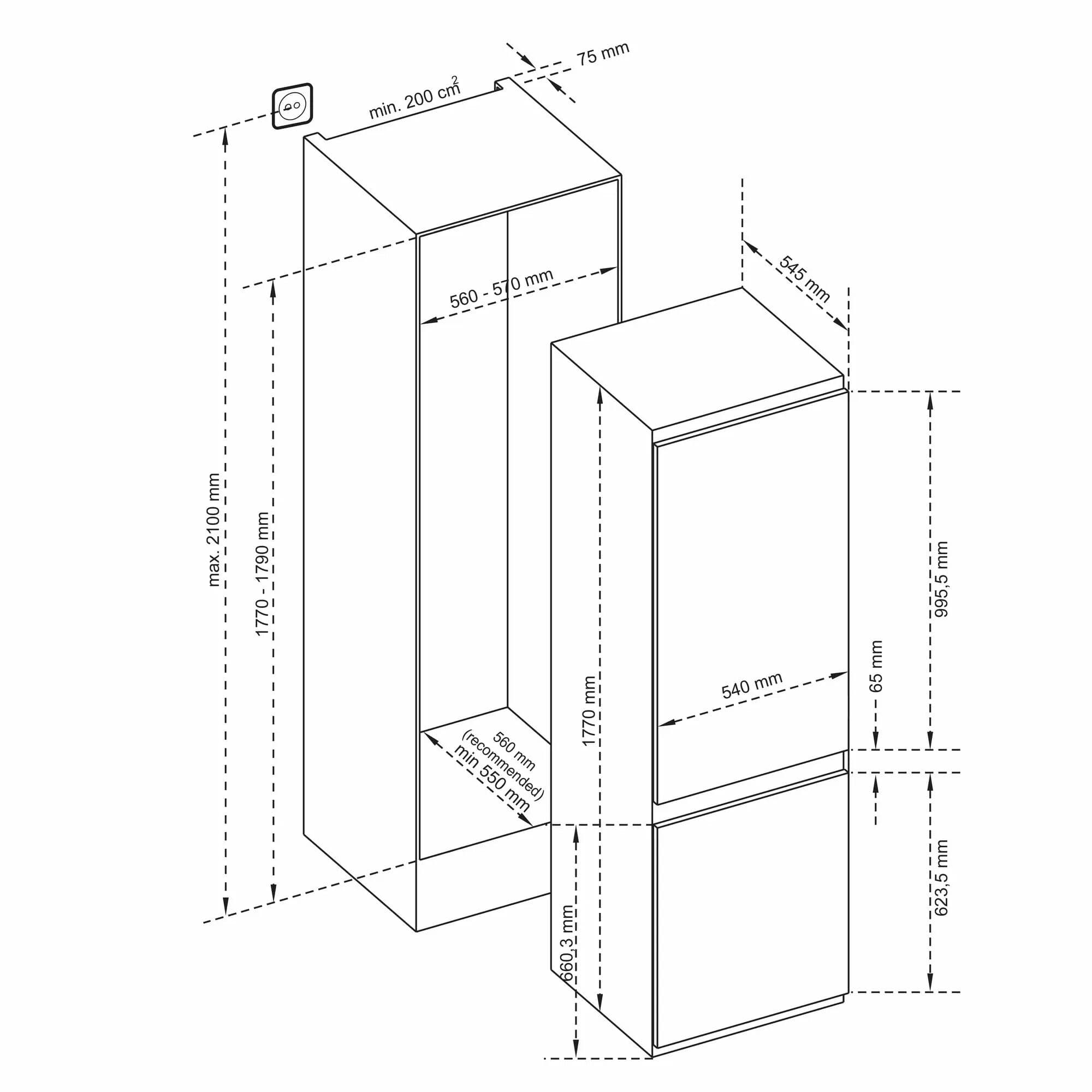 Inventum IKV1786S Inbouw Koel-vriescombinatie 251 l – Nis 178 cm, Sleepdeur