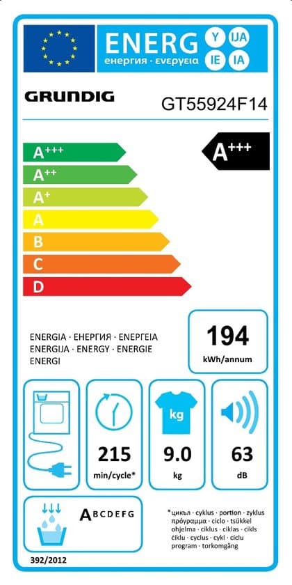 Grundig GT55924F14, Vrijstaand, Voorlader, Warmtepomp, Duits display
