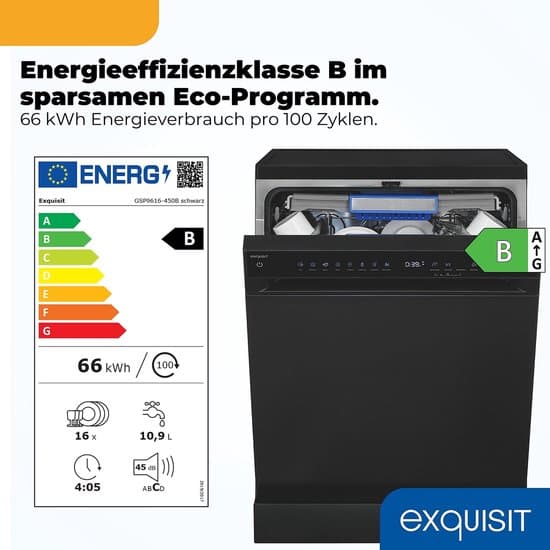 EXQUISIT GSP9616-450B zwarte vaatwasser (vrijstaand met inbouwoptie, 598 mm breed, 45 dB (A), B)