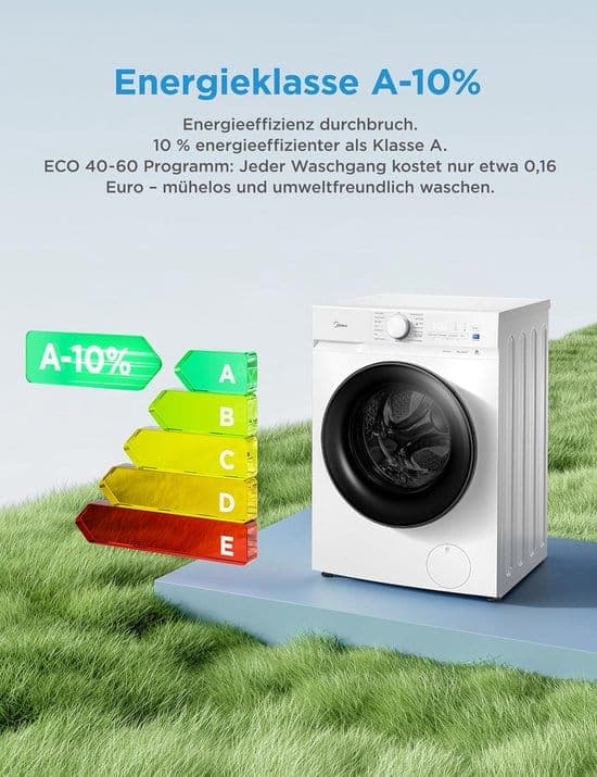 Midea MFV3EW80BA10 Wasmachine, 8 kg, energie-efficiëntieklasse A-10%, 1400 omw/min, Duits Display