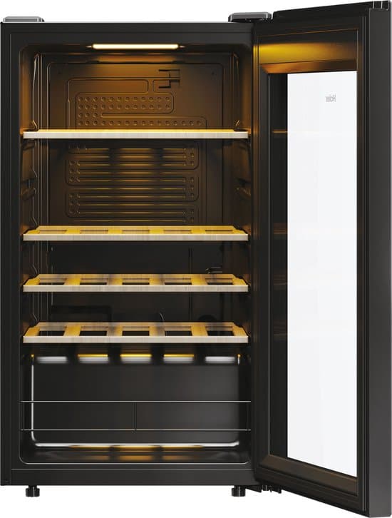 Haier HWS34GGH1 – Wijnkoelkast – 34 flessen – Energieklasse G – Vochtbalans technologie – Houten schappen – 1 zone – Anti-vibratie – Anti-UV glas – Glazen deur – Zwart