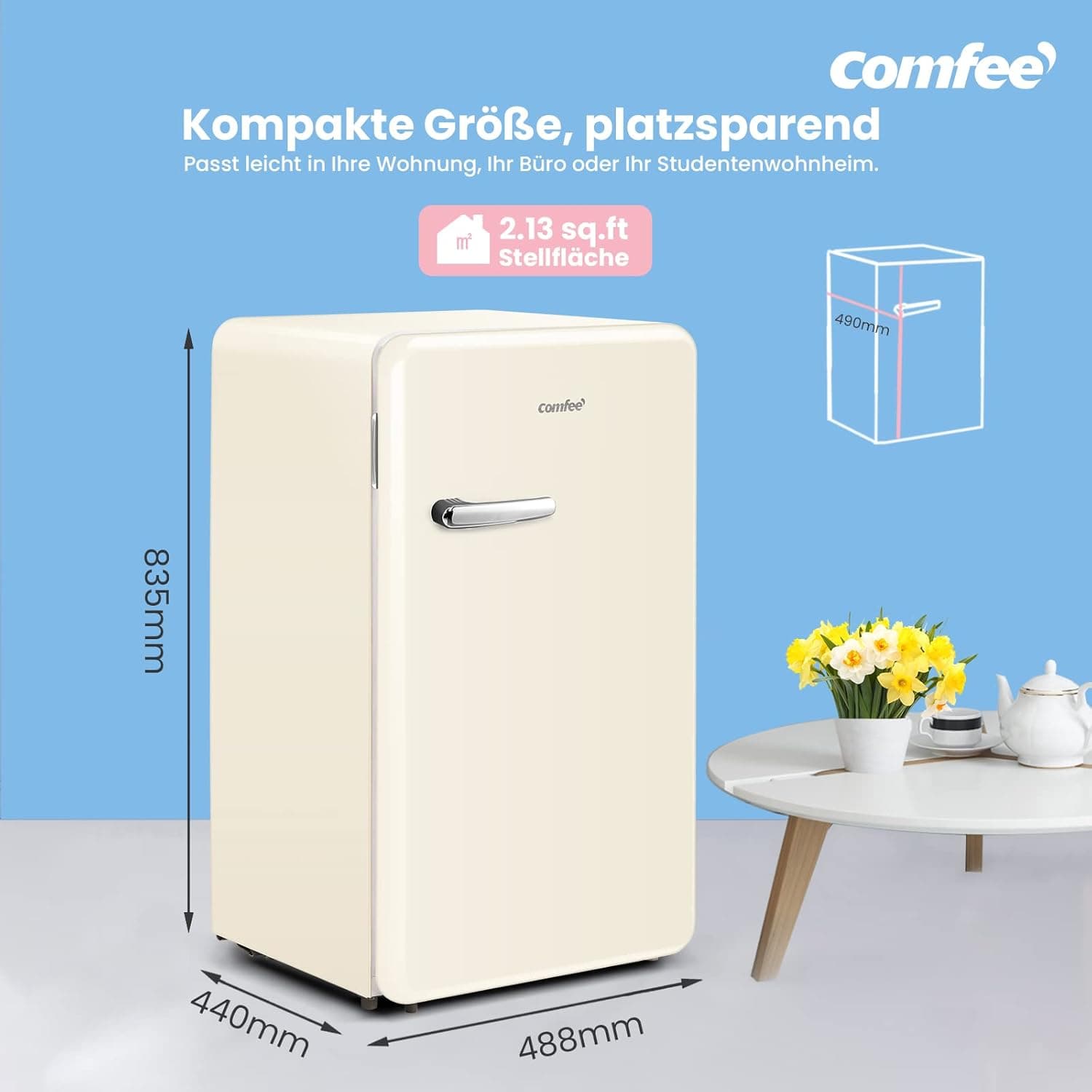 Comfee RCD93BE1RT(E) tafelkoelkast, 93 l, mini-koelkast, 83,5 cm hoog, 48,8 cm breed, 107 kWh/jaar, beige