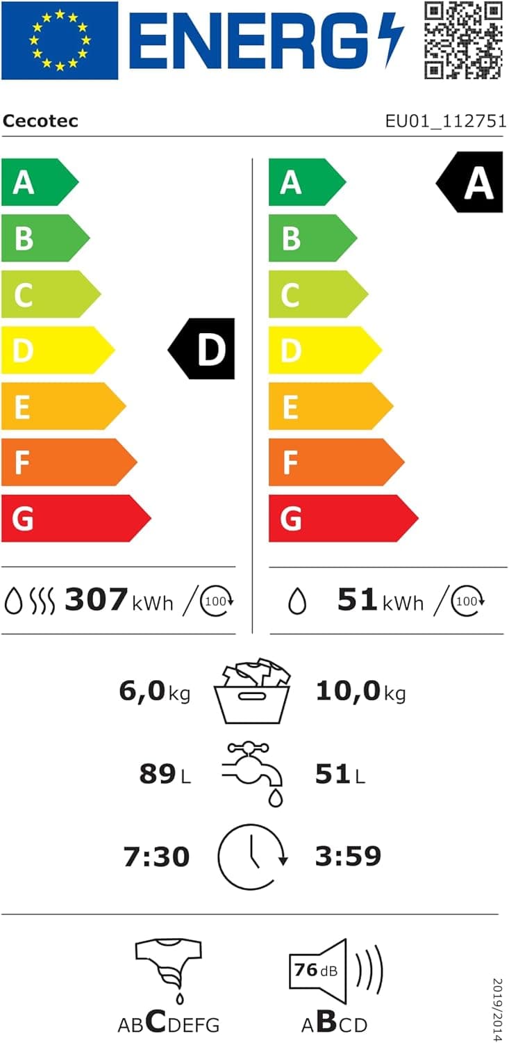 Cecotec Bolero Was-droogcombinatie 10-6kg Voorlader Wasdroger 106950 Duits display
