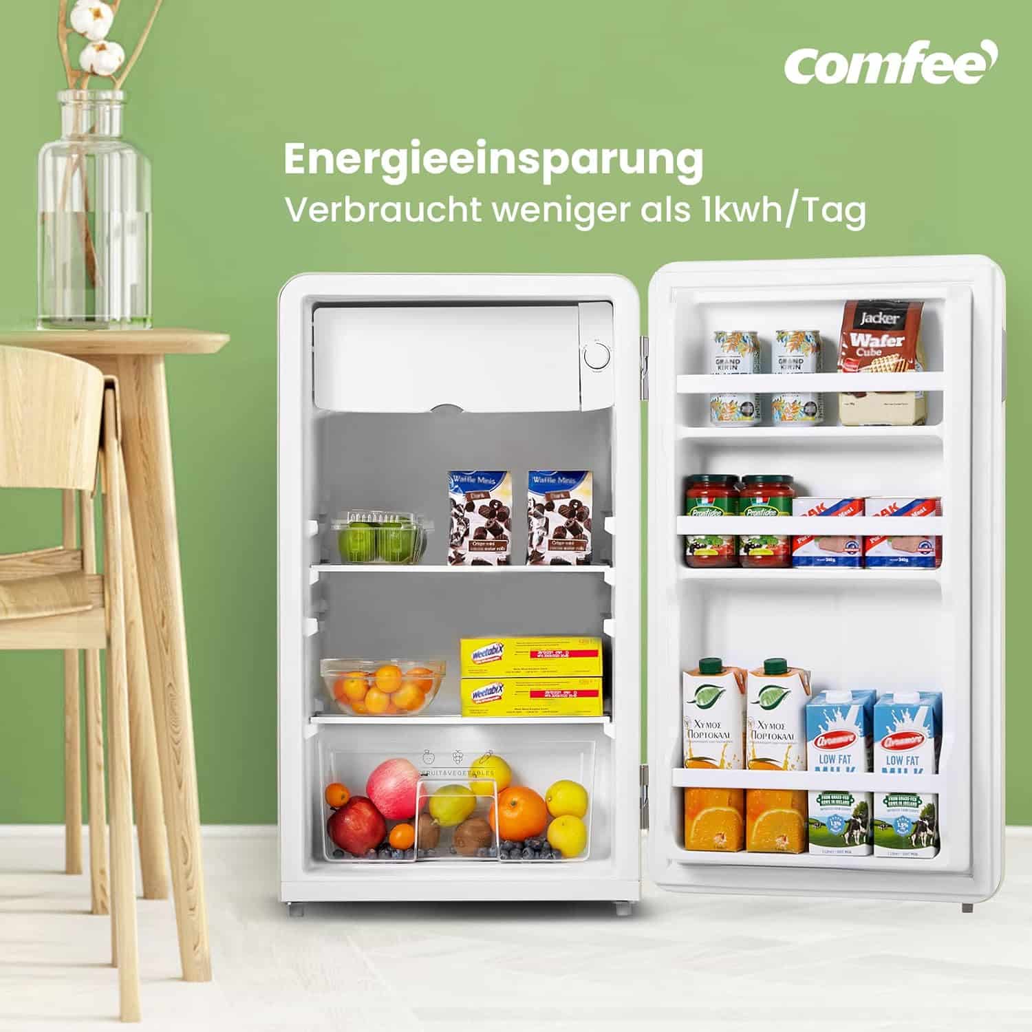 Comfee RCD93BE1RT(E) tafelkoelkast, 93 l, mini-koelkast, 83,5 cm hoog, 48,8 cm breed, 107 kWh/jaar, beige