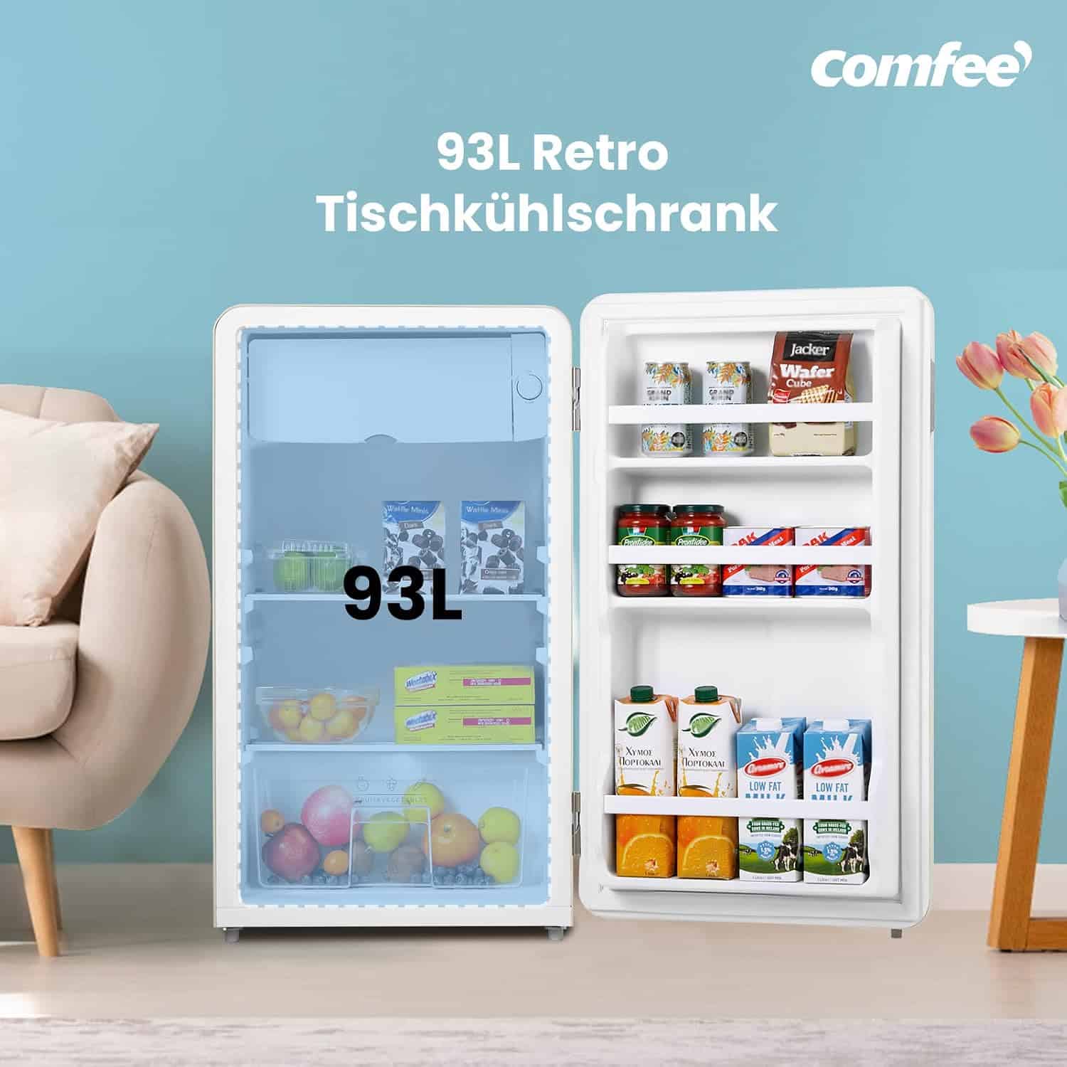 Comfee RCD93BE1RT(E) tafelkoelkast, 93 l, mini-koelkast, 83,5 cm hoog, 48,8 cm breed, 107 kWh/jaar, beige