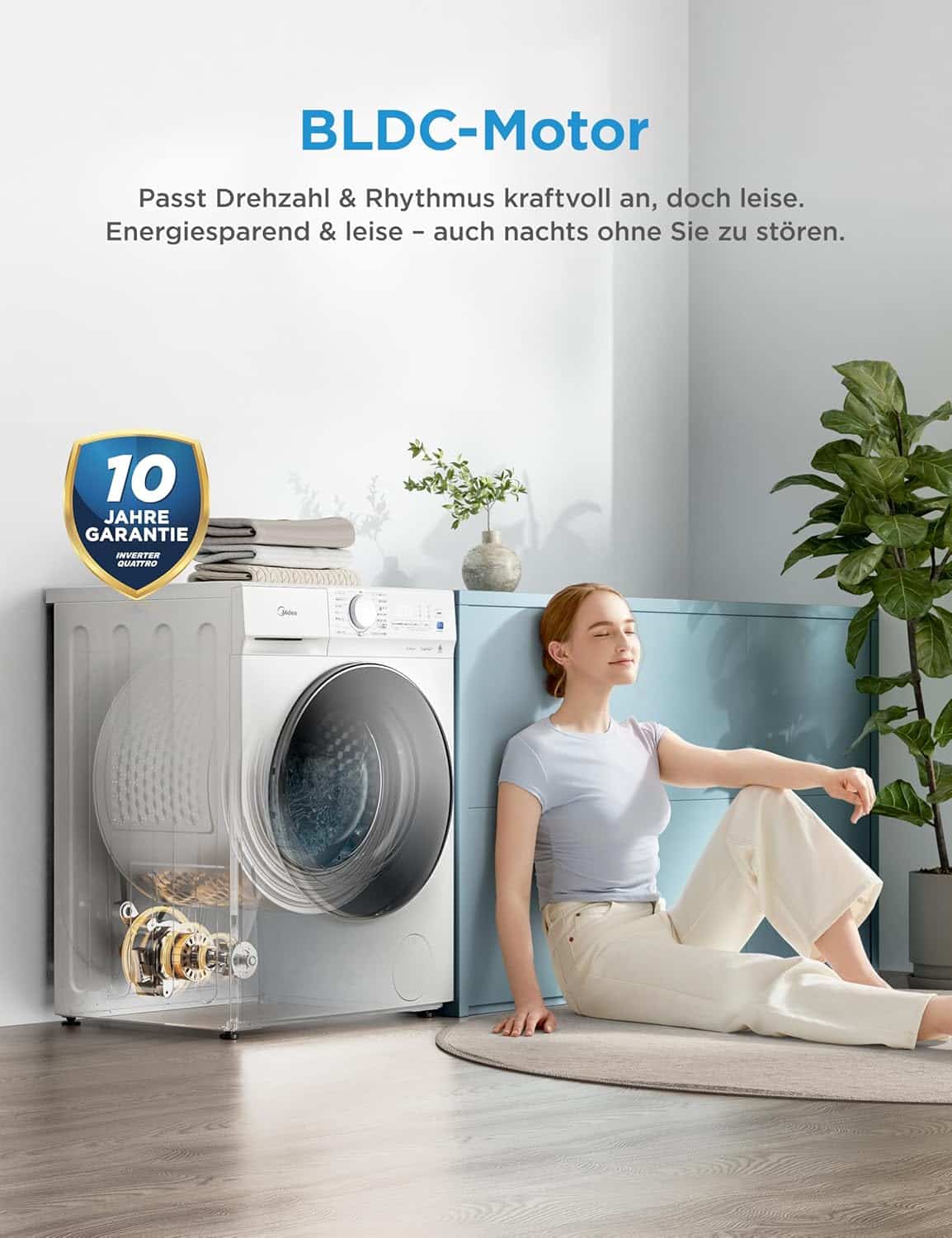 Midea MFV3EW80BA10 Wasmachine, 8 kg, energie-efficiëntieklasse A-10%, 1400 omw/min, Duits Display