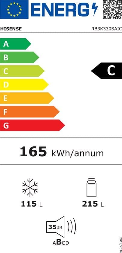 Hisense RB3K330SAIC – Vrijstaande koel-vriescombinatie – 185 cm hoog – 330 liter – Energielabel C – Geluidsniveau 35 dB – LED Display – SuperCool – FastFreeze – Deuralarm – Kinderslot – Interverter Compressor – ConnectLife