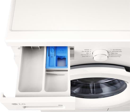 LG F4X1008NWH wasmachine 8 kg met Direct Drive motor voor stille, duurzame prestaties. Spa Steam™ voor hygiënisch wassen. ThinQ slimme bediening. Energie‑label A. Compact design voor dagelijks gemak