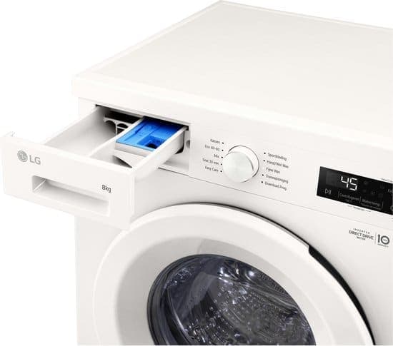 LG F4X1008NWH wasmachine 8 kg met Direct Drive motor voor stille, duurzame prestaties. Spa Steam™ voor hygiënisch wassen. ThinQ slimme bediening. Energie‑label A. Compact design voor dagelijks gemak