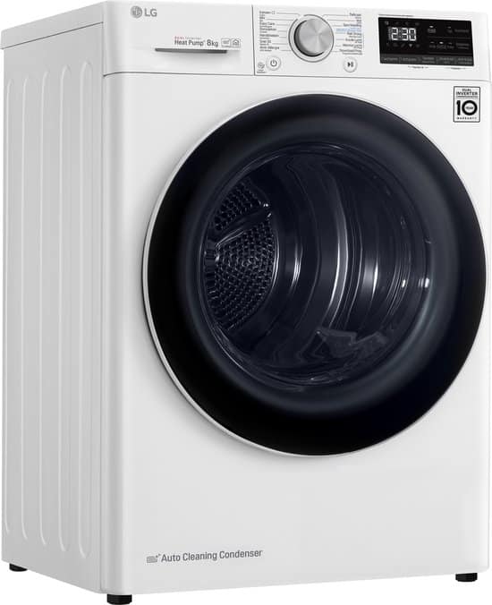 LG RH80V9AV4N warmtepompdroger 8 kg met Dual Inverter Heat Pump voor sneller en energiezuinig drogen – Auto Cleaning Condenser voor duurzaam rendement en ThinQ slimme bediening. Energieklasse A+++