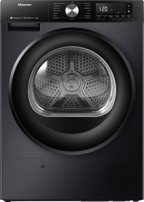 Hisense 3S Serie DH3S902BB3 – Zwarte Wasdroger met Energielabel C – Warmtepompdroger – 9kg – ConnectLife – Trommelverlichting – AutoDry – Quick Dry – Allergy Care