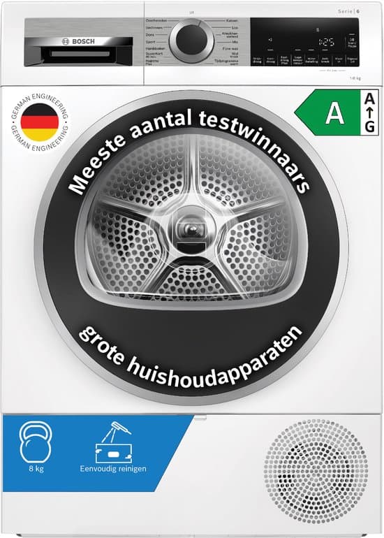 Bosch WQG233DLNL Serie 6 – Warmtepompdroger – Wasdroger – Extra stil- 8 kg – Auto Dry: droogt automatisch tot de exacte droogtegraad die je wilt – Easy Clean Filter: efficiënt drogen met eenvoudig onderhoud
