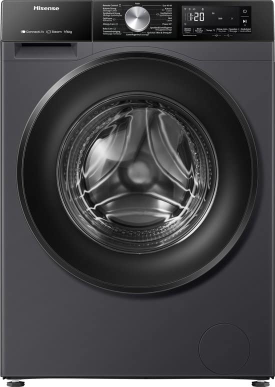 Hisense WD3S9043BB3 – Was-droogcombinatie – Energieklasse A (-30%) – 9 kg wassen / 6 kg drogen – 1400 toeren – Connectlife WiFi – Stoomfunctie – LED display – Inverter motor – Zwart