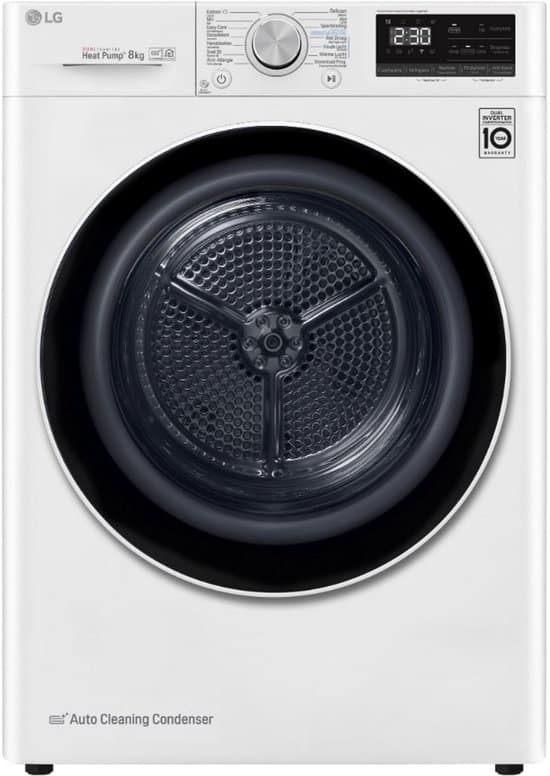 LG RH80V9AV4N warmtepompdroger 8 kg met Dual Inverter Heat Pump voor sneller en energiezuinig drogen – Auto Cleaning Condenser voor duurzaam rendement en ThinQ slimme bediening. Energieklasse A+++