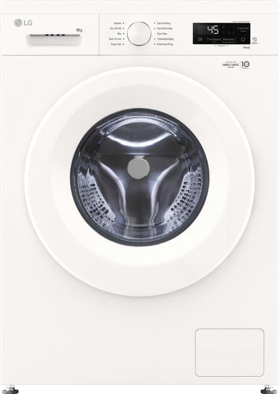 LG F4X1008NWH wasmachine 8 kg met Direct Drive motor voor stille, duurzame prestaties. Spa Steam™ voor hygiënisch wassen. ThinQ slimme bediening. Energie‑label A. Compact design voor dagelijks gemak