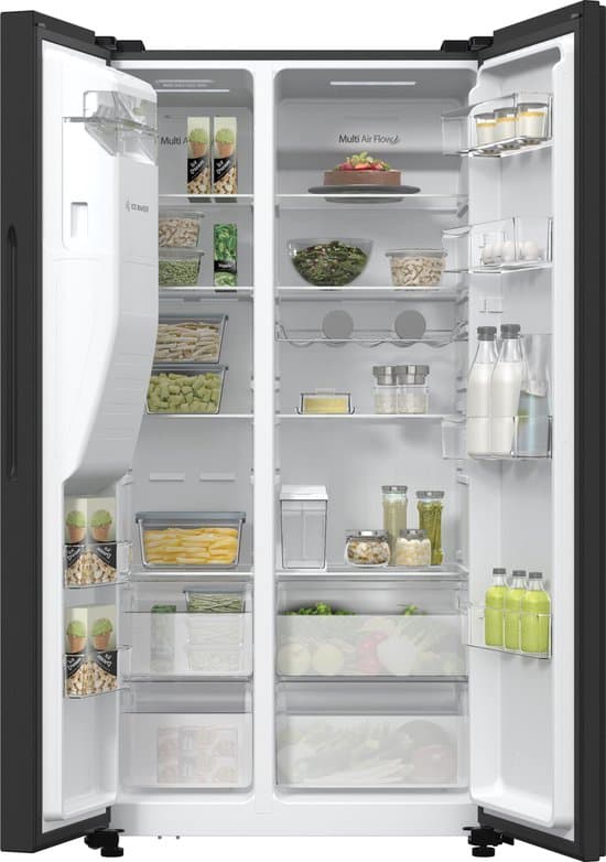 Hisense RS5P535NTFE – Amerikaanse koelkast – No-Frost – 178 cm hoog – 566 liter – Energielabel E – Invriesvermogen 12 kg/24u – Geluidsniveau 39 dB – LED Display – SuperCool – FastFreeze – Deuralarm – Interverter Compressor