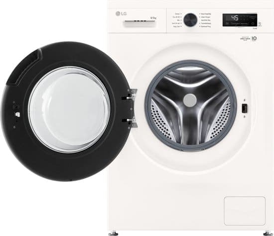 LG W4X1085NWB was‑droogcombinatie 8/5 kg met 6 Motion DD voor optimale stofverzorging – TurboWash 360 voor sneller wassen – Steam voor anti‑allergie en ThinQ slimme bediening. Energieklasse A
