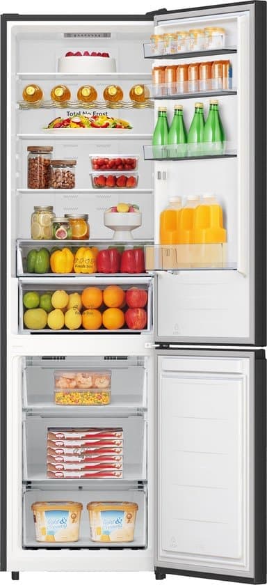 Hisense RB440N4AFC – Koelvriescombinatie vrijstaand – Zwart – 336 liter inhoud – Rechtsdraaiend (omkeerbaar) – Energielabel C – Stil: 35 dB(A) – NoFrost – Nulgradenzone en flessenrek – 201cm hoog – 238L koelen, 98L vriezen