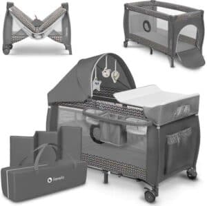 Lionelo Sven Plus 2in1 Meegroeibed & Campingbedje - 127x60 cm - Tot 15 kg - Co-Sleeper - Reisbed met Commode, Organizer, Klamboe en Interactief Speelgoed