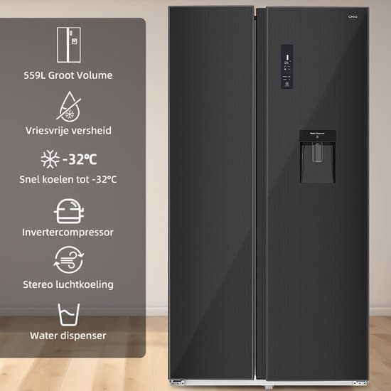 CHiQ FSS559NEI42D – Amerikaanse koelkast – 559 Liter – No Frost – 5.5 L Waterdispenser – Digitaal LED Display – Inverter Compressor – Snelvriezen tot -32℃ – 12 jaar garantie op compressor