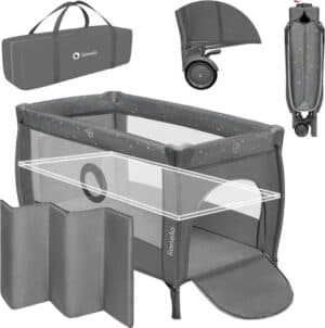 LIONELO STEFI PLUS Campingbedje 4 in 1 – Baby Bed / Inklapbare Box / Reisbedje MET Bodemverhoger (Rugvriendelijk Ontwerp) – MET comfort MATRAS – 60x120 cm – 0-36 maanden / tot 15 k