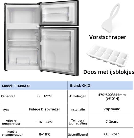 CHiQ FTM86L4E – Tafelmodel Koelkast Met Vriesvak – 86 Liter – E Energy Label – 39dB – Zwart – 12 jaar garantie op compressor