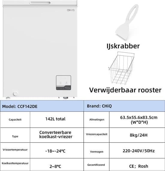 CHiQ FCF142DE – Vrieskist – 142 L – Inverter Technologie – Digitaal LED Display – Snelvriezen tot -32℃ – Wit – 39 dB – 12 Jaar Garantie op Compressor
