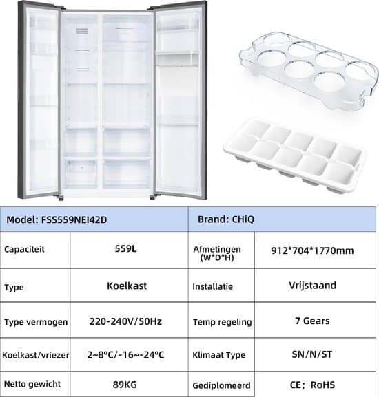 CHiQ FSS559NEI42D – Amerikaanse koelkast – 559 Liter – No Frost – 5.5 L Waterdispenser – Digitaal LED Display – Inverter Compressor – Snelvriezen tot -32℃ – 12 jaar garantie op compressor