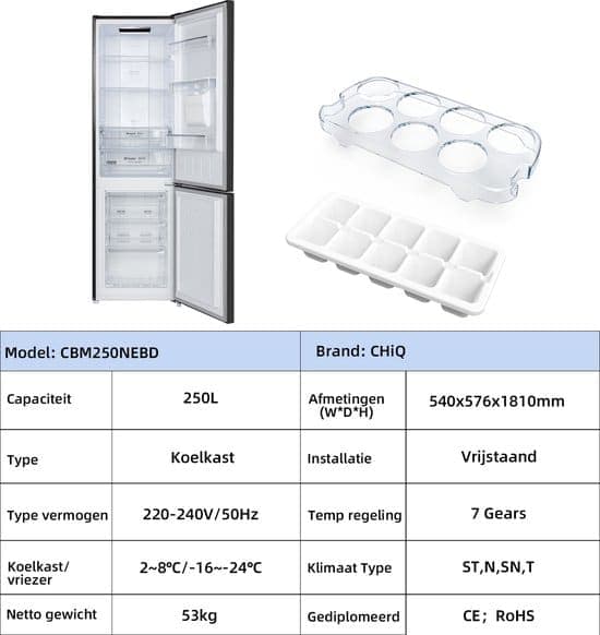CHiQ CBM250NEBD – Koel-Vriescombinatie – 250L – No Frost – Waterdispenser – Inverter Compressor – Supervriezen – 39dB – 12 jaar garantie op compressor – Energieklasse D