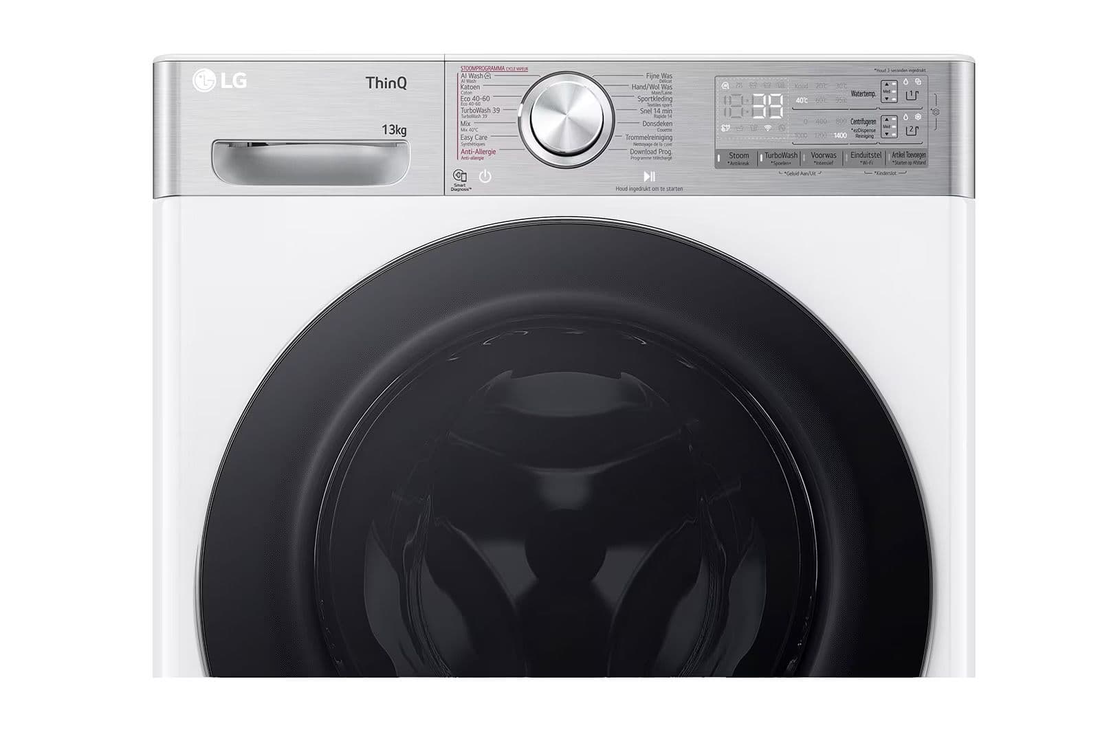 LG F4WR9513S2W wasmachine 13 kg met AI DD voor slimme stofverzorging – TurboWash 39 voor sneller wassen – EzDispense automatische dosering – hygiënisch wassen met stoom en ThinQ slimme bedie