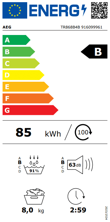 AEG TR868B4B - AEG TR868B4B 8000 AbsoluteCare Warmtepompdroger - 8 kg - Energielabel B