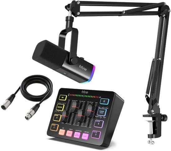 FIFINE – Starterspack 2.0 – AM8T & SC3 – Podcast Starterspack – Gaming Streaming – USB RGB Microfoon met Boom Arm – Streaming Deck – DJ Mixer – Incl XLR Kabel 3M