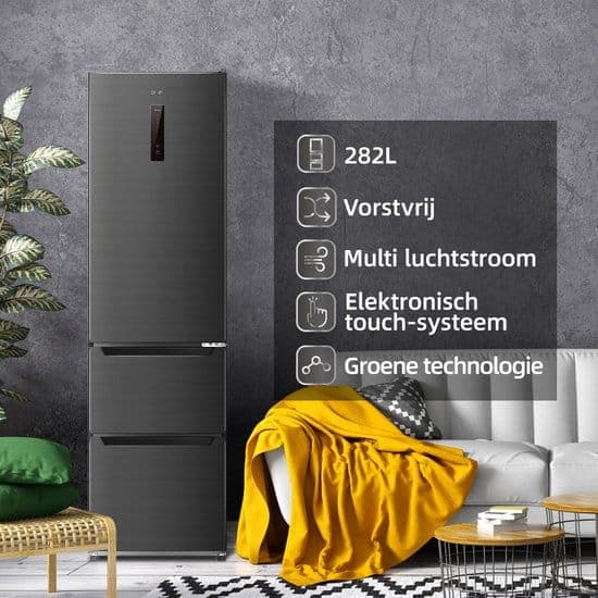 CHiQ CID282NEIBE – Koel-vriescombinatie – 282 Liter – No Frost – Inverter Compressor – LED Display – 37 dB – 3 Deuren – 12 jaar garantie op compressor