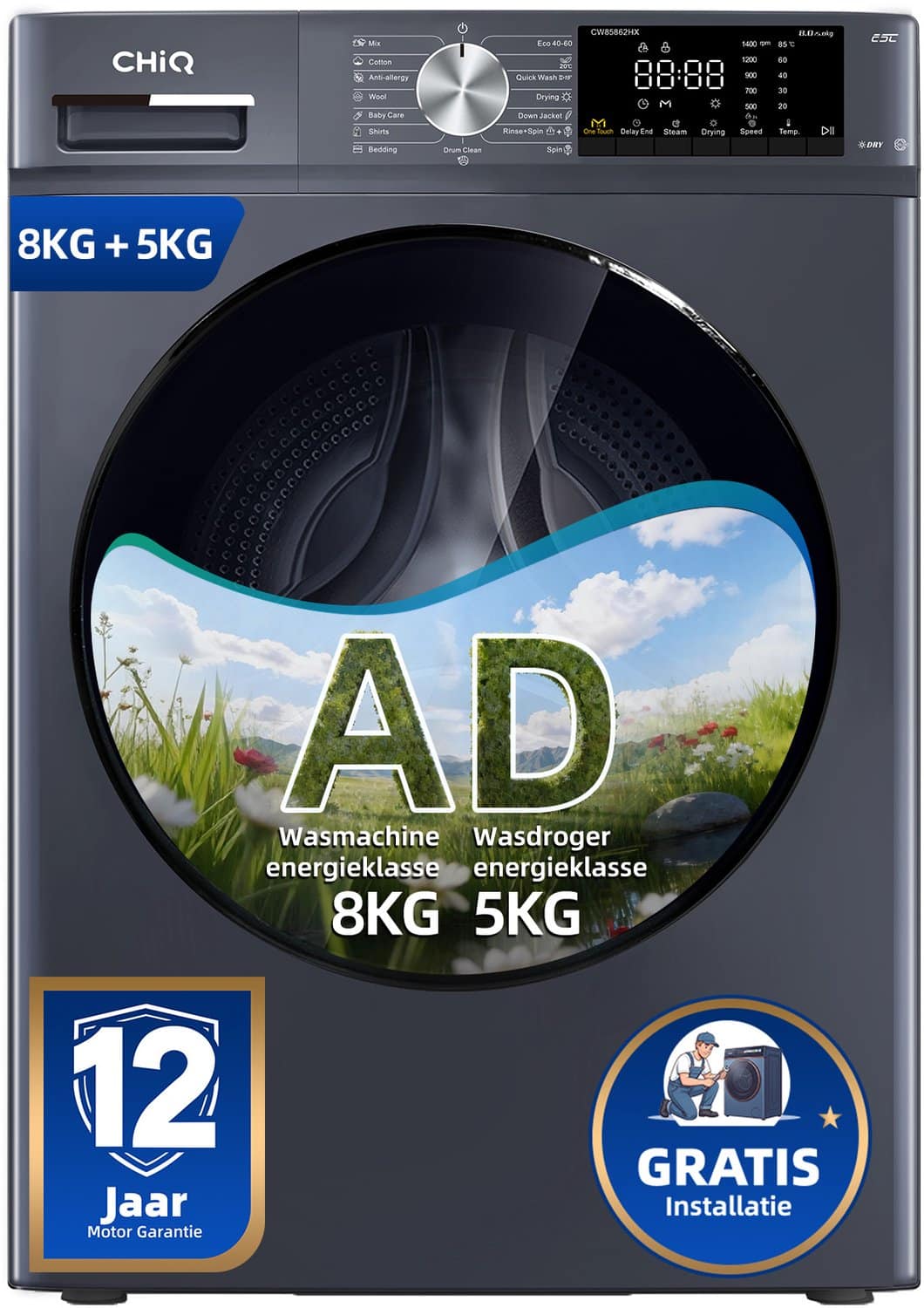 CHiQ CW85862HX Was-droogcombinatie – 8 kg wassen / 5 kg drogen – 1400 rpm – Energielabel A/D
