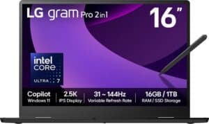 LG Gram Pro 16T90TP-G Intel Core Ultra 7 255H Hybride (2-in-1) 40,6 cm (16") Touchscreen WQXGA 16 GB LPDDR5x-SDRAM 1 TB SSD Wi-Fi 7 (802.11be) Windows 11 Home Brits Engels Zwart