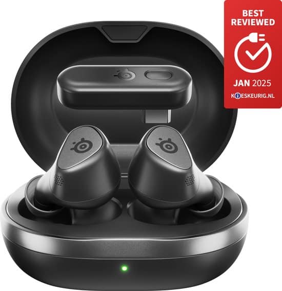 Arctis GameBuds — Zwart — Quick-Switch 2.4-GHz + Bluetooth 5.3 — Actieve Noisecancellation — Mobiele app met audiopresets — Waterbestendig IP55 — 40 uur accuduur met Qi-oplaadcase — PC, PS4 & PS5