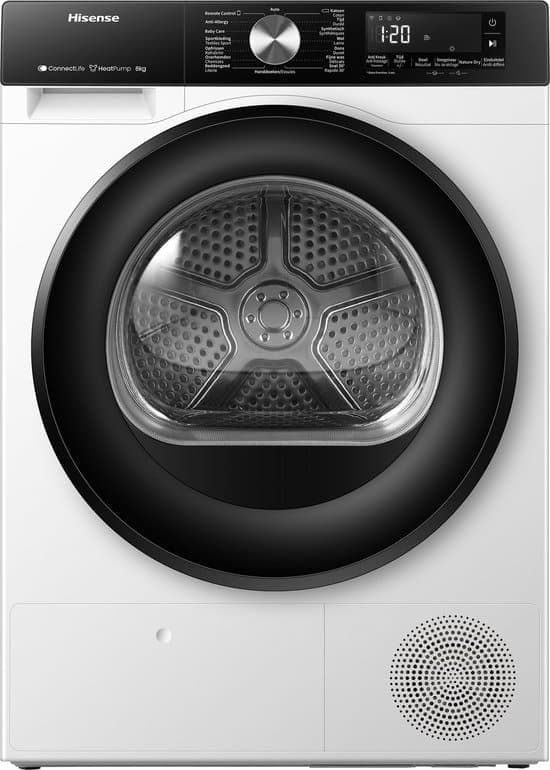 Hisense 3S Serie DH3S802BW3 – Wasdroger met Energielabel C – Duits Display – Warmtepompdroger – 8kg – ConnectLife – Trommelverlichting – AutoDry – Allergy Care