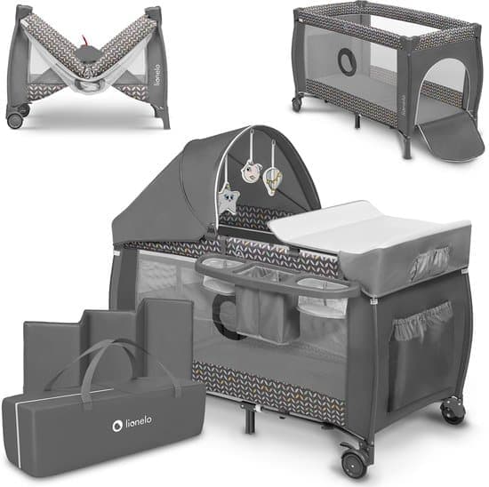 Lionelo Sven Plus 2in1 Meegroeibed & Campingbedje – 127×60 cm – Tot 15 kg – Co-Sleeper – Reisbed met Commode, Organizer, Klamboe en Interactief Speelgoed