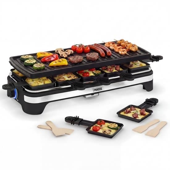 Princess Gourmetstel XL 162650 – Raclette 10 personen – Grill & Bakplaat – Groot 49x21cm – 2 meter snoer – Regelbare thermostaat – 1500W – Zwart – 10 pannetjes