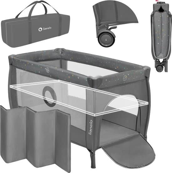LIONELO STEFI PLUS Campingbedje 4 in 1 – Baby Bed / Inklapbare Box / Reisbedje MET Bodemverhoger (Rugvriendelijk Ontwerp) – MET comfort MATRAS – 60x120 cm – 0-36 maanden / tot 15 k