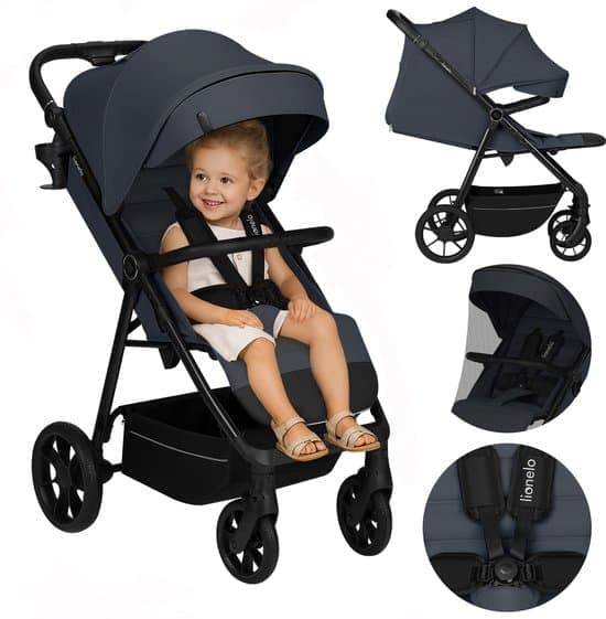 Lionelo Iva – Wandelwagen & Buggy Premium – 6 maanden 4 jaar (tot 22 kg) – 360° Zwenkwielen met Vering – Magnetische Gordel – XXL Zonnekap UPF50 – Verstelbare Rugleuning, Voetsteun