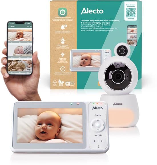 Alecto DVM2060 Dual Mode Babyfoon met Camera & App – 5″ HD Scherm – Full HD 1080p – Pan & Tilt – Nachtzicht – Terugspreken – Uitbreidbaar tot 4 Camera’s – Wit