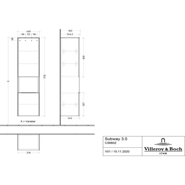 Villeroy & Boch Subway 3.0 Hoge Kast 400X1710X362Mm C58800Vf - Villeroy & Boch Subway 3.0 hoge kast