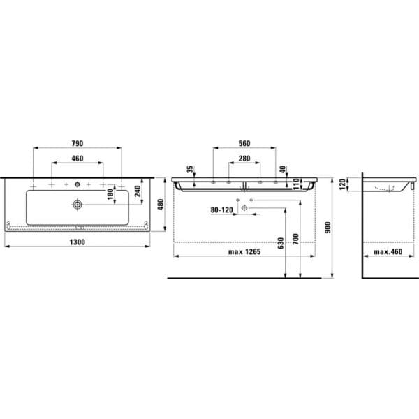 Dubbele wastafel voor in meubel 1300x480 mm, met 2 kraangaten, wit - dubbele wastafel 1300x480 mm